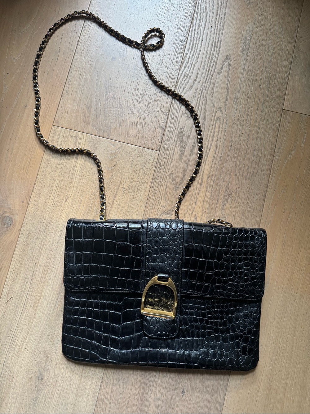 Koret black crocodile embossed patent leather shoulder bag horsebit clasp